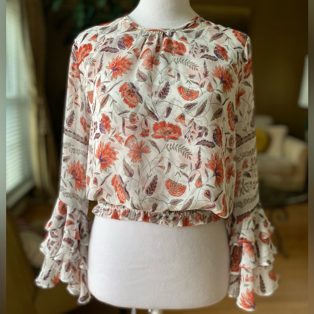 MISA Los Angeles Annabelle Top Blouse Floral Smocked Crop sz Small